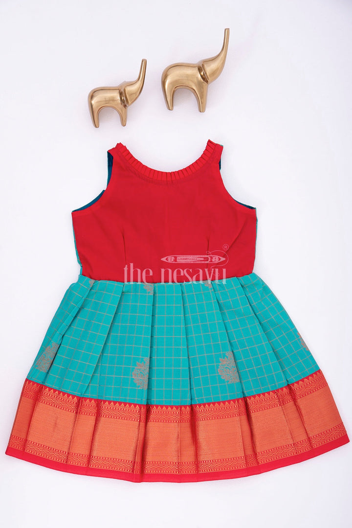 The Nesavu Girls Kanchi Silk Frock Graceful Beginnings: Red and Blue Pure Silk Frock for Girls Nesavu Graceful Beginnings: Red and Blue Pure Silk Frock for Girls - Heirloom Piece