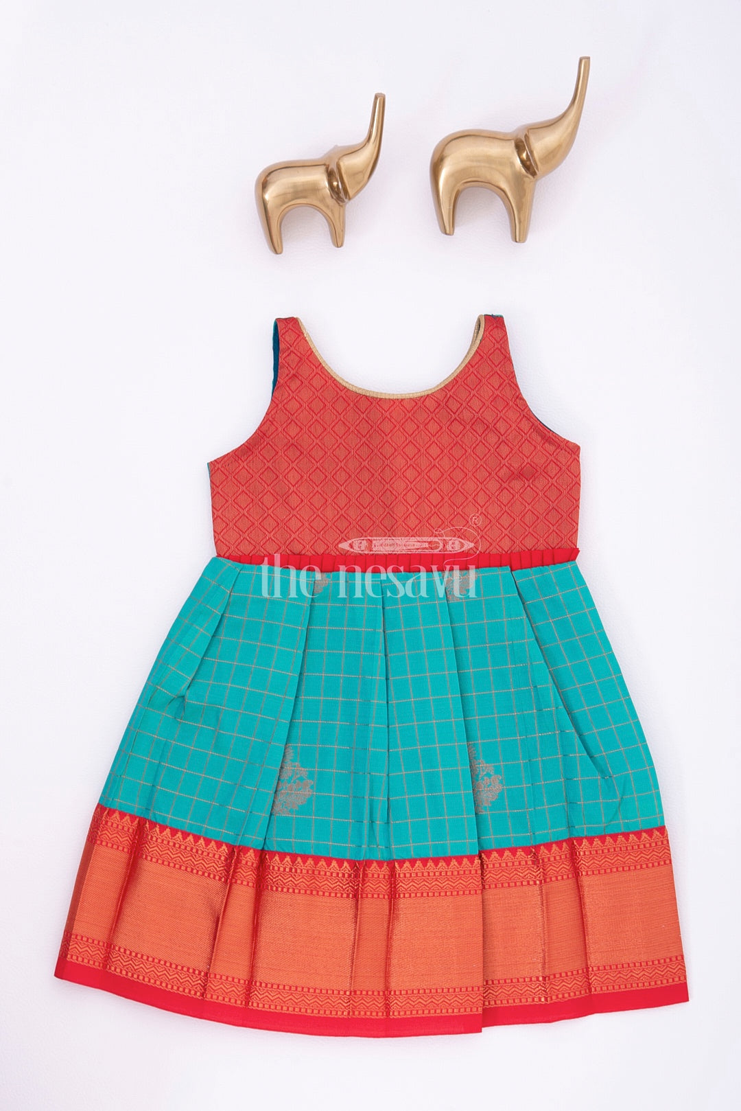 The Nesavu Girls Kanchi Silk Frock Graceful Beginnings: Red and Blue Pure Silk Frock for Girls Nesavu Graceful Beginnings: Red and Blue Pure Silk Frock for Girls - Heirloom Piece