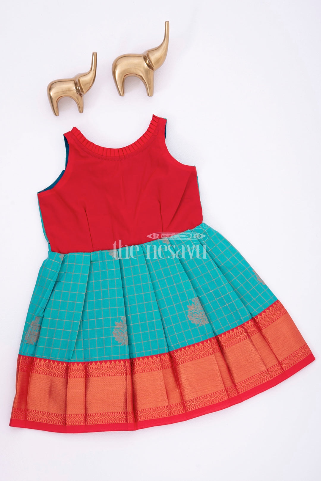 The Nesavu Girls Kanchi Silk Frock Graceful Beginnings: Red and Blue Pure Silk Frock for Girls Nesavu Graceful Beginnings: Red and Blue Pure Silk Frock for Girls - Heirloom Piece