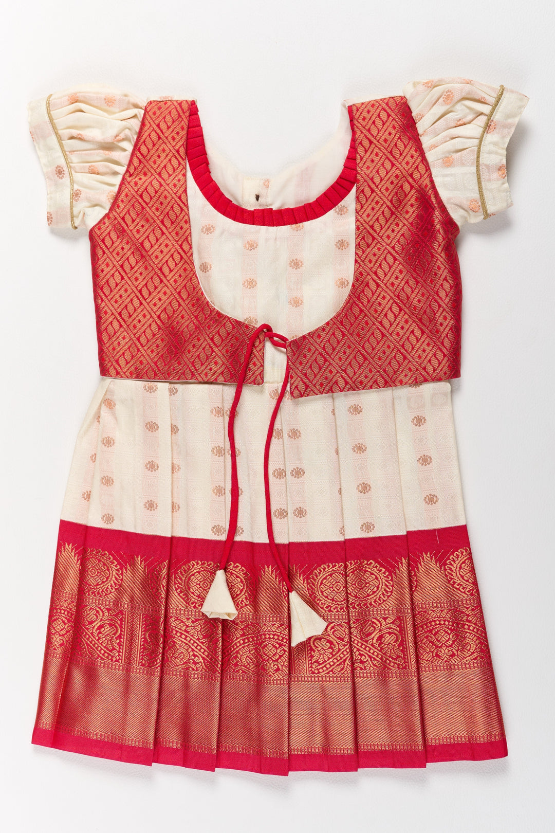 The Nesavu Girls Kanchi Silk Frock Graceful Cream and Red Pattu Pavadai for Girls with Golden Zari Accents Nesavu 16 (1Y) / Cream / Style 1 SF835AA-16 Graceful Cream Red Pattu Pavadai Girls Golden Zari Accents | The Nesavu