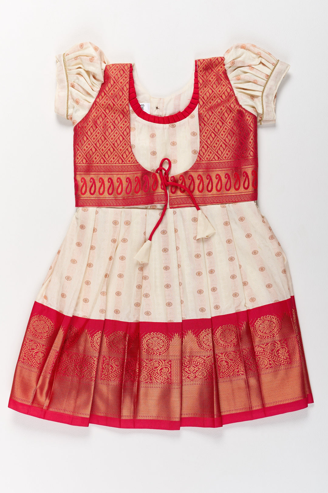 The Nesavu Girls Kanchi Silk Frock Graceful Cream and Red Pattu Pavadai for Girls with Golden Zari Accents Nesavu 20 (3Y) / Cream / Style 2 SF835AB-20 Graceful Cream Red Pattu Pavadai Girls Golden Zari Accents | The Nesavu