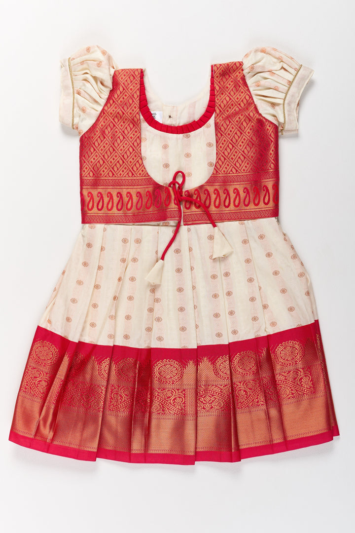 The Nesavu Girls Kanchi Silk Frock Graceful Cream and Red Pattu Pavadai for Girls with Golden Zari Accents Nesavu 20 (3Y) / Cream / Style 2 SF835AB-20 Graceful Cream Red Pattu Pavadai Girls Golden Zari Accents | The Nesavu