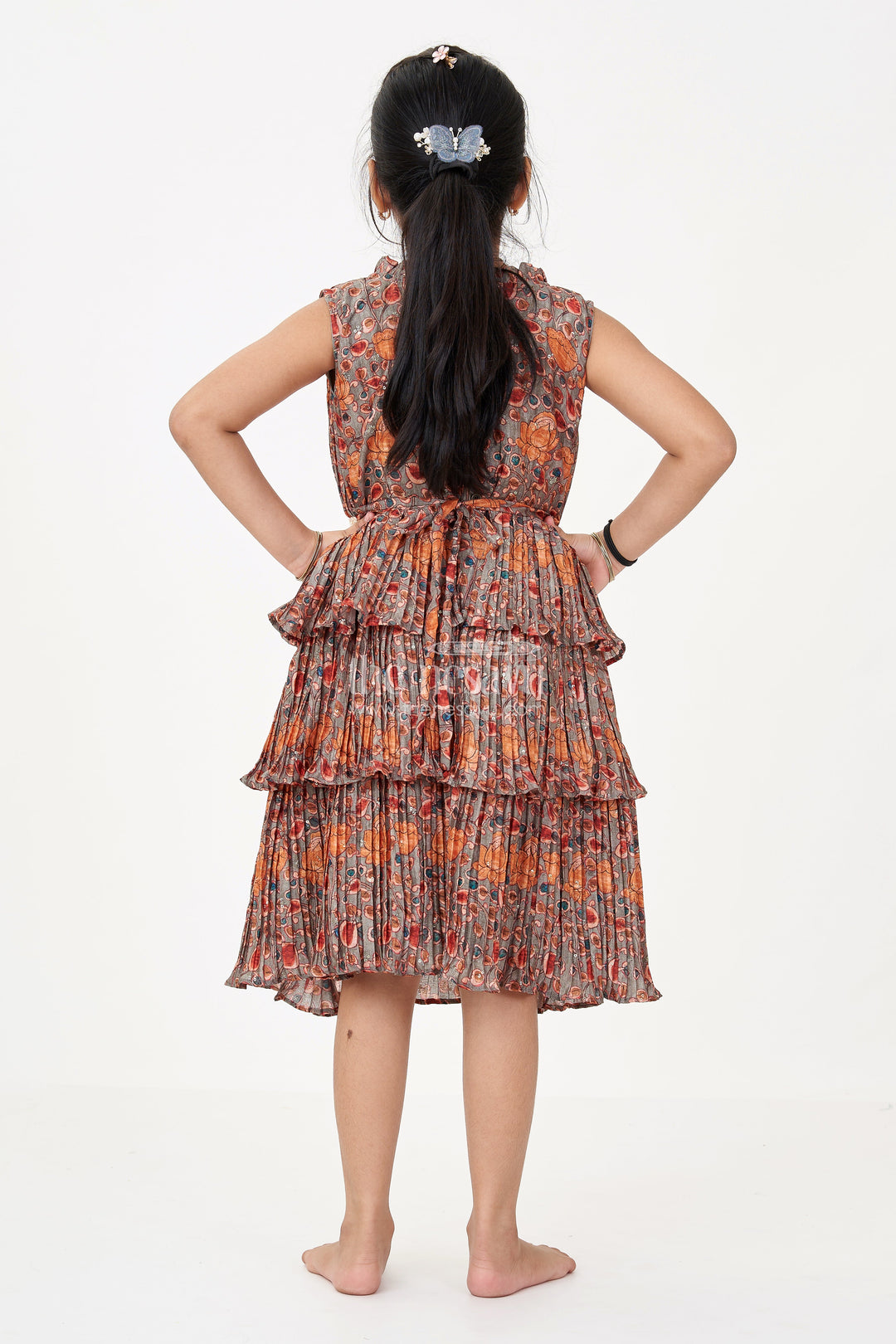 The Nesavu Girls Fancy Frock Graceful Ethnic Frock Dress for Girls with Chinon Silk Pleated Layers and Festive Print Nesavu Graceful Ethnic Frock Dress Girls Chinon Silk Pleated Layers Festive Print | The Nesavu