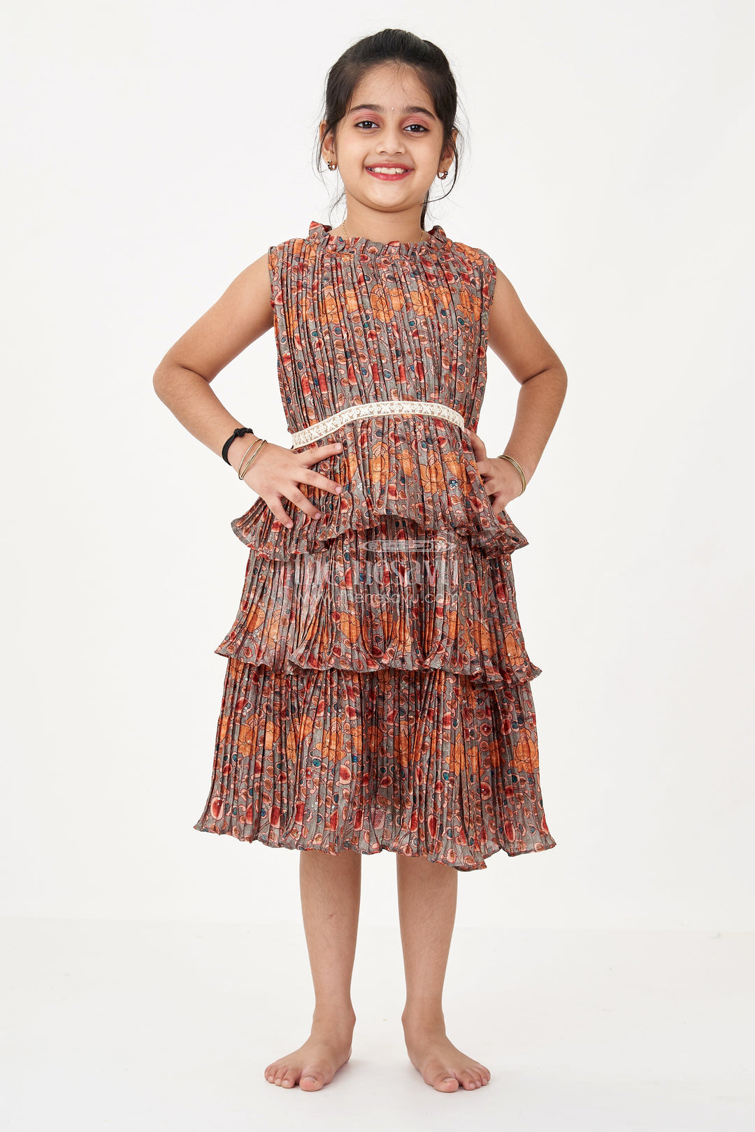 The Nesavu Girls Fancy Frock Graceful Ethnic Frock Dress for Girls with Chinon Silk Pleated Layers and Festive Print Nesavu Graceful Ethnic Frock Dress Girls Chinon Silk Pleated Layers Festive Print | The Nesavu