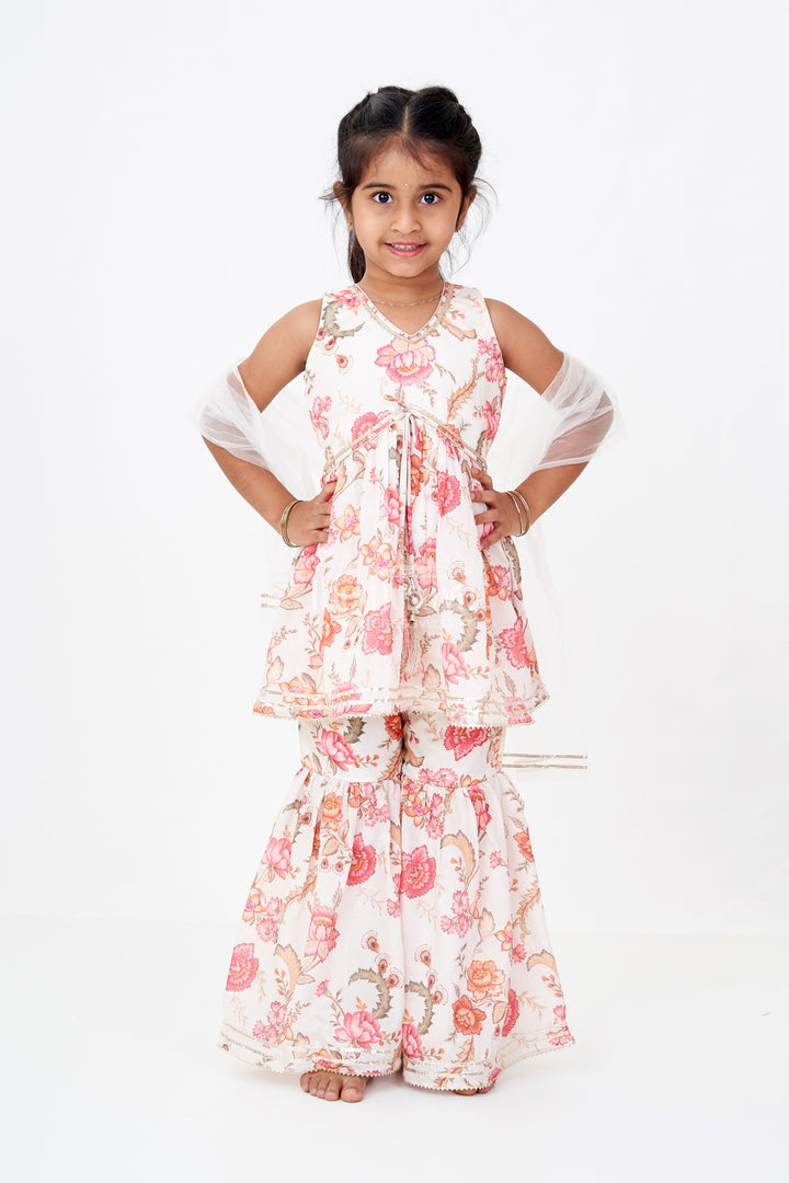 The Nesavu Girls Sharara / Plazo Set Graceful Ethnic Sharara Suits for Girls with Chinon Digital Print and Floral Embellishments Nesavu 16 (1Y) / Cream GPS535A-16 Graceful Ethnic Sharara Suits Girls Chinon Digital Print Floral Embellishments | The Nesavu