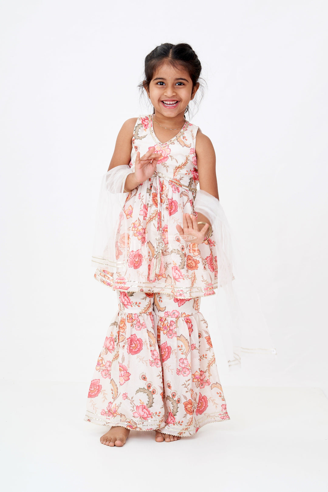 The Nesavu Girls Sharara / Plazo Set Graceful Ethnic Sharara Suits for Girls with Chinon Digital Print and Floral Embellishments Nesavu Graceful Ethnic Sharara Suits Girls Chinon Digital Print Floral Embellishments | The Nesavu