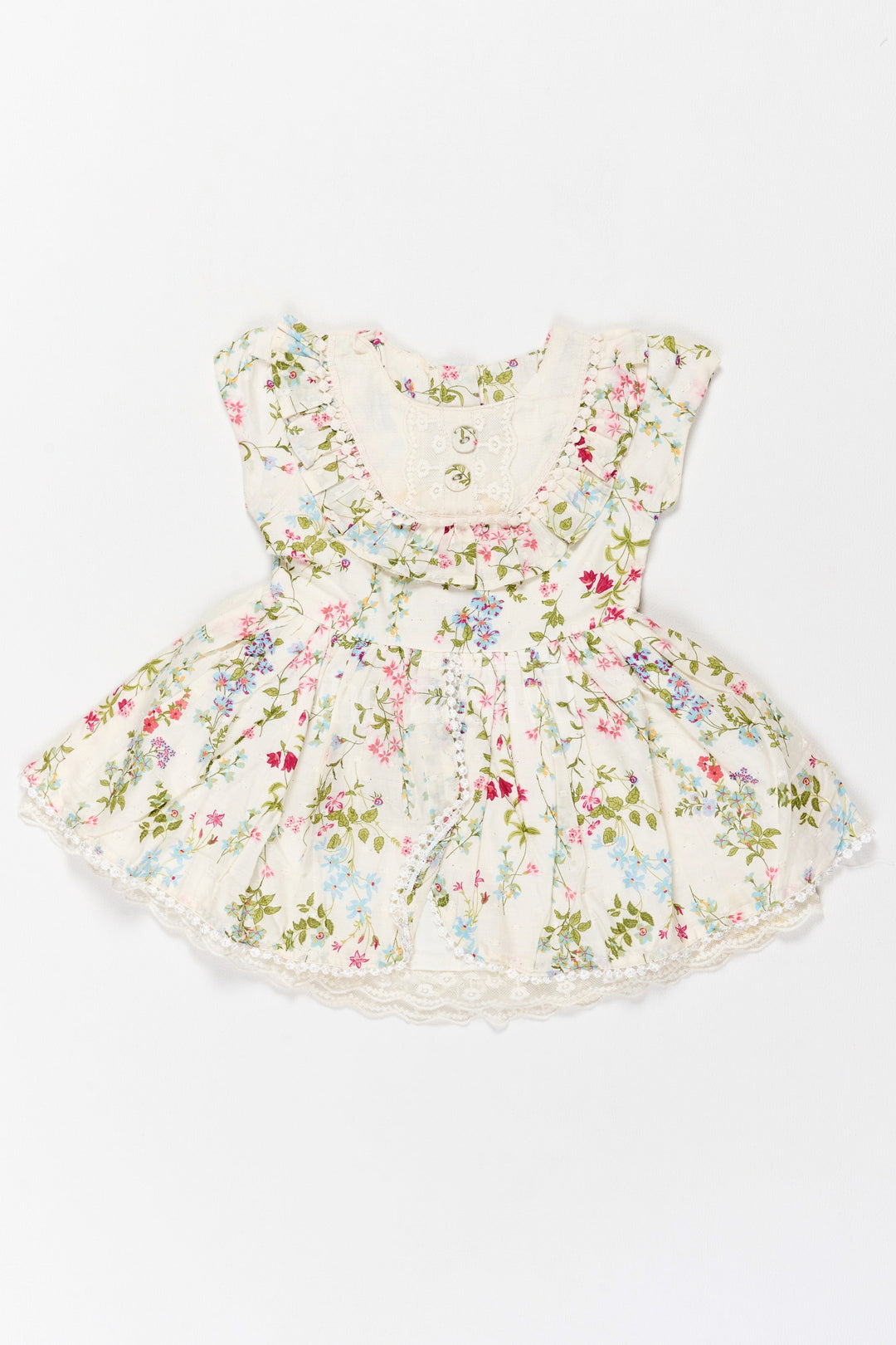 The Nesavu Girls Cotton Frock Graceful Floral Girls Frock with Delicate Lace Detailing – Perfect for Weddings and Parties Nesavu 12 (3M) / Green GFC1495A-12 Nesavu Floral Girls Frock Lace Trim Elegant Design  Perfect Weddings Festive Events