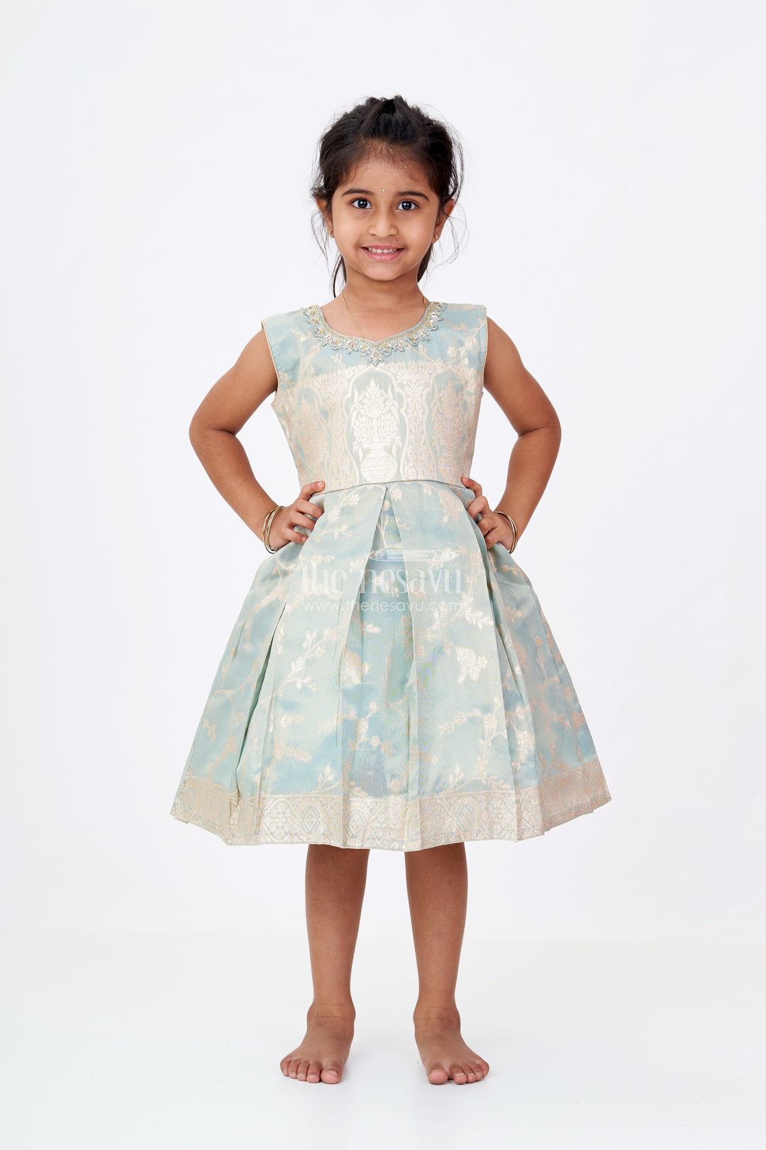 The Nesavu Silk Party Frock Graceful Girls Blue Silk Frock in Banarasi Jacquard with Gold Zari Patterns Nesavu 16 (1Y) / Blue SF976E-16 Girls Blue Silk Frock Banarasi Jacquard Gold Zari Embellishments | The Nesavu