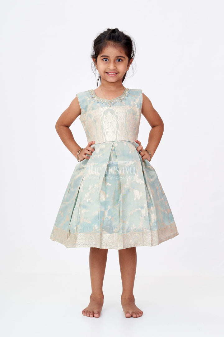 The Nesavu Silk Party Frock Graceful Girls Blue Silk Frock in Banarasi Jacquard with Gold Zari Patterns Nesavu 16 (1Y) / Blue SF976E-16 Girls Blue Silk Frock Banarasi Jacquard Gold Zari Embellishments | The Nesavu