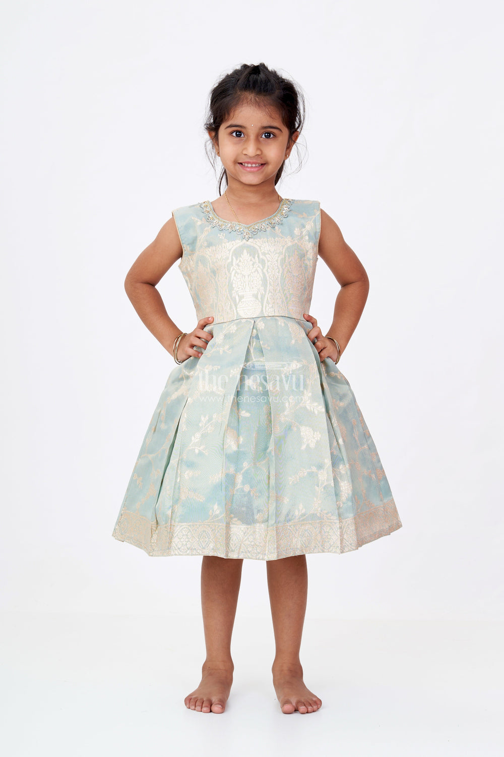 The Nesavu Silk Party Frock Graceful Girls Blue Silk Frock in Banarasi Jacquard with Gold Zari Patterns Nesavu 16 (1Y) / Blue SF976E-16 Nesavu Girls Blue Silk Frock Banarasi Jacquard Gold Zari Embellishments