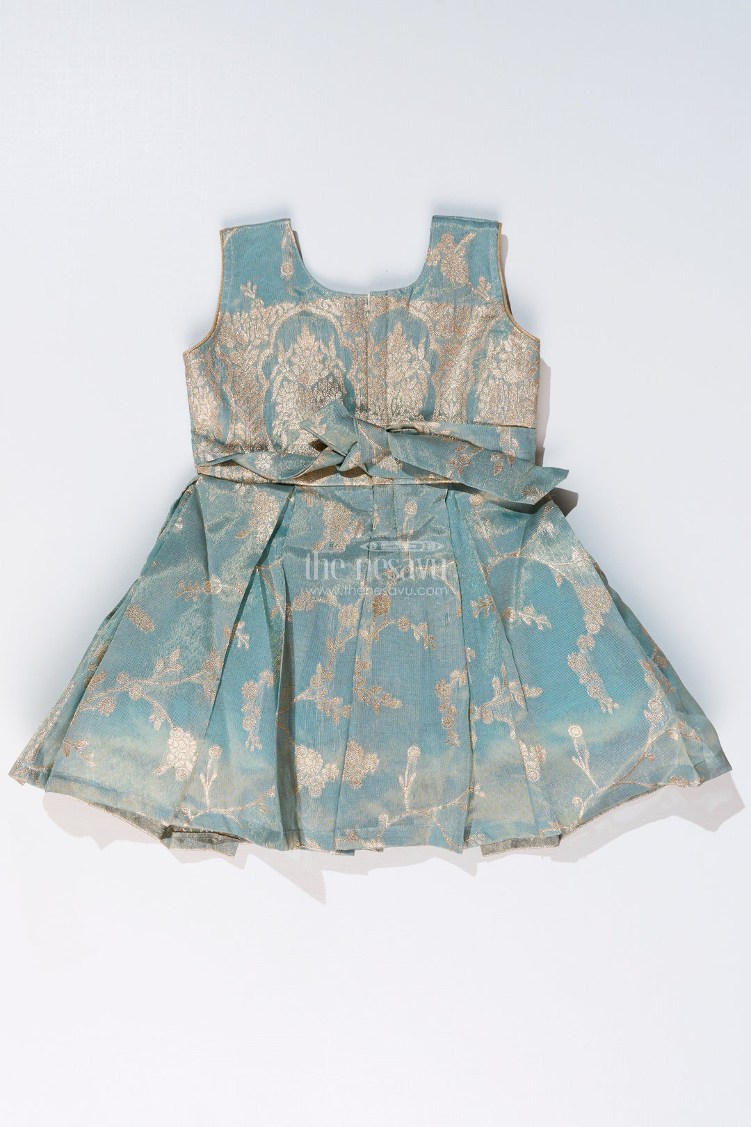 The Nesavu Silk Party Frock Graceful Girls Blue Silk Frock in Banarasi Jacquard with Gold Zari Patterns Nesavu Girls Blue Silk Frock Banarasi Jacquard Gold Zari Embellishments | The Nesavu