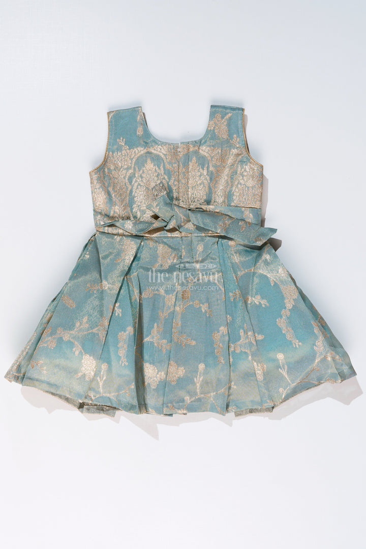 The Nesavu Silk Party Frock Graceful Girls Blue Silk Frock in Banarasi Jacquard with Gold Zari Patterns Nesavu Girls Blue Silk Frock Banarasi Jacquard Gold Zari Embellishments | The Nesavu