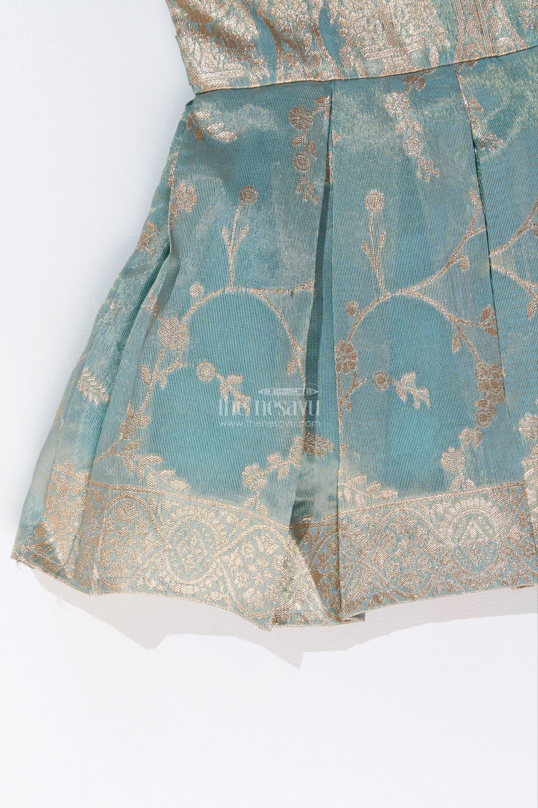 The Nesavu Silk Party Frock Graceful Girls Blue Silk Frock in Banarasi Jacquard with Gold Zari Patterns Nesavu Girls Blue Silk Frock Banarasi Jacquard Gold Zari Embellishments | The Nesavu