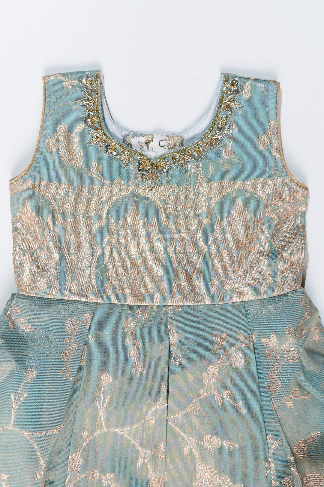 The Nesavu Silk Party Frock Graceful Girls Blue Silk Frock in Banarasi Jacquard with Gold Zari Patterns Nesavu Girls Blue Silk Frock Banarasi Jacquard Gold Zari Embellishments | The Nesavu