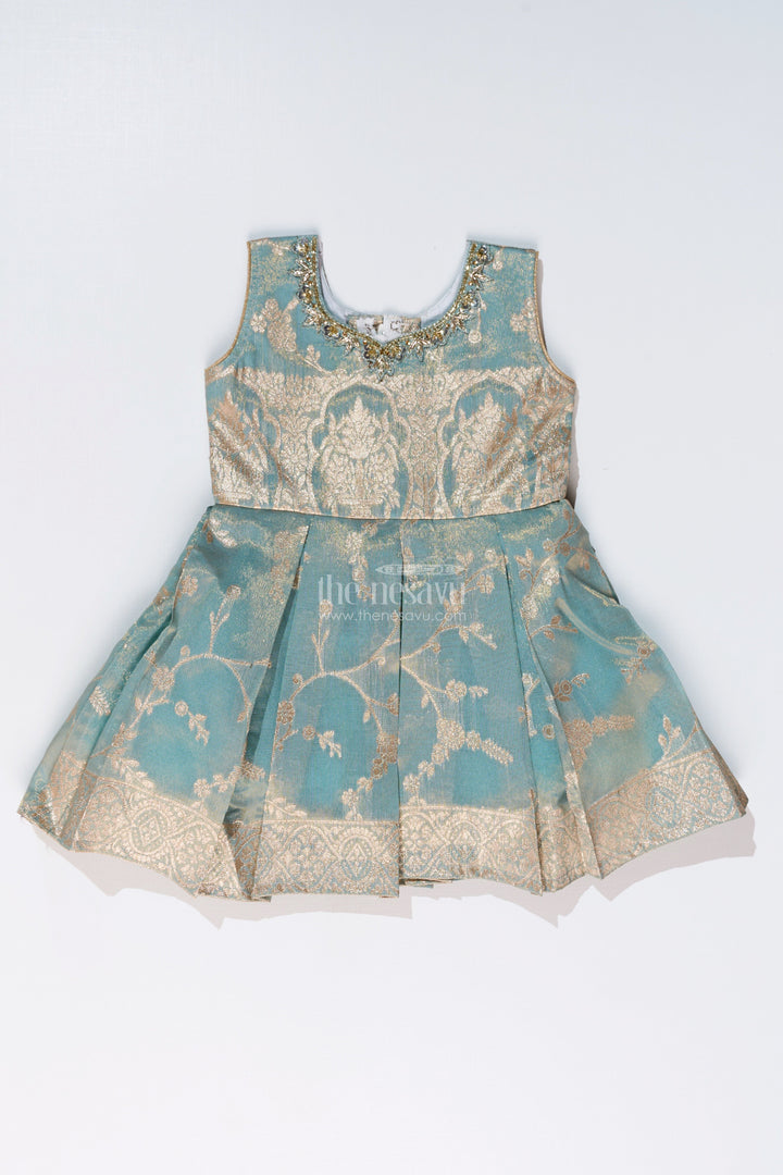 The Nesavu Silk Party Frock Graceful Girls Blue Silk Frock in Banarasi Jacquard with Gold Zari Patterns Nesavu Girls Blue Silk Frock Banarasi Jacquard Gold Zari Embellishments | The Nesavu