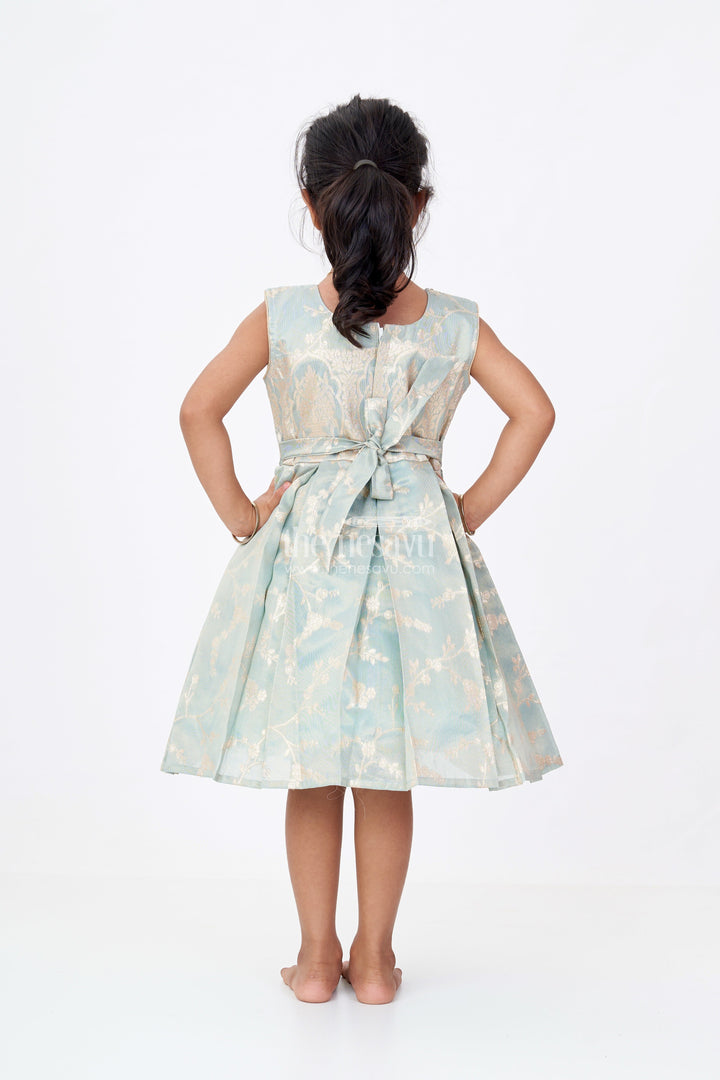 The Nesavu Silk Party Frock Graceful Girls Blue Silk Frock in Banarasi Jacquard with Gold Zari Patterns Nesavu Girls Blue Silk Frock Banarasi Jacquard Gold Zari Embellishments | The Nesavu