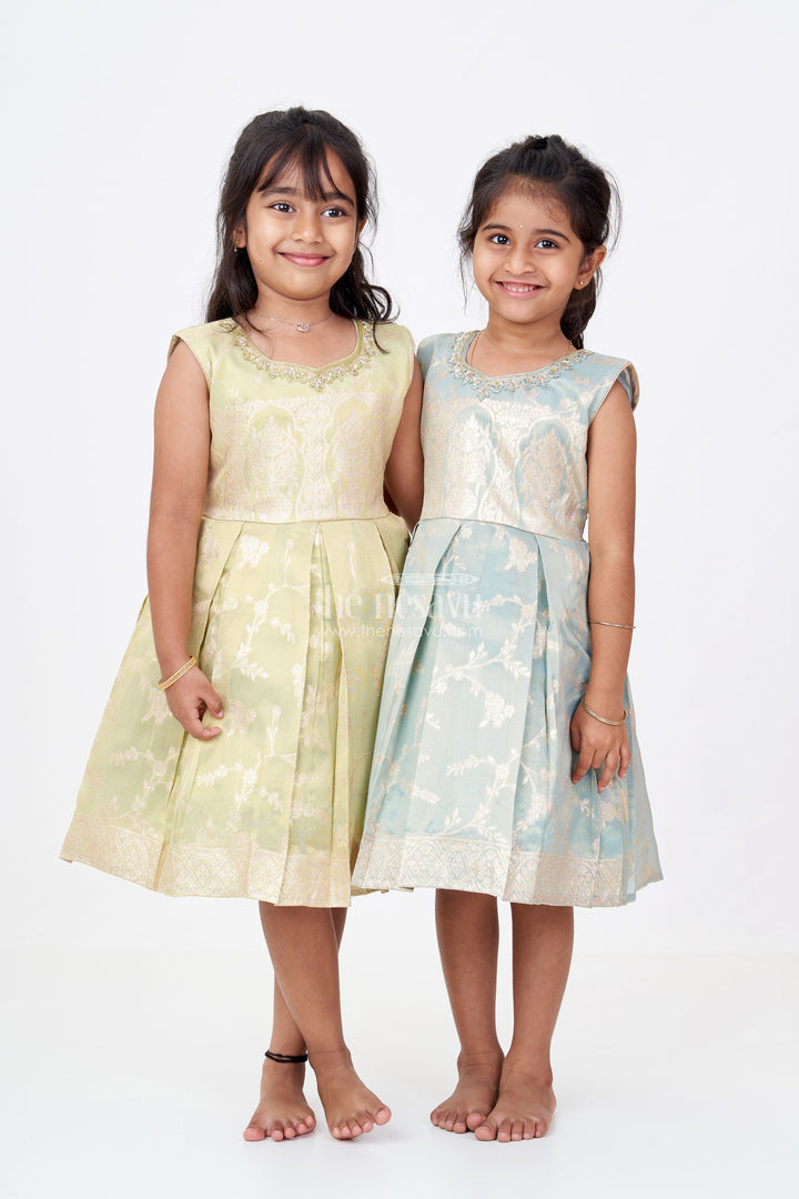 The Nesavu Silk Party Frock Graceful Girls Blue Silk Frock in Banarasi Jacquard with Gold Zari Patterns Nesavu Girls Blue Silk Frock Banarasi Jacquard Gold Zari Embellishments | The Nesavu