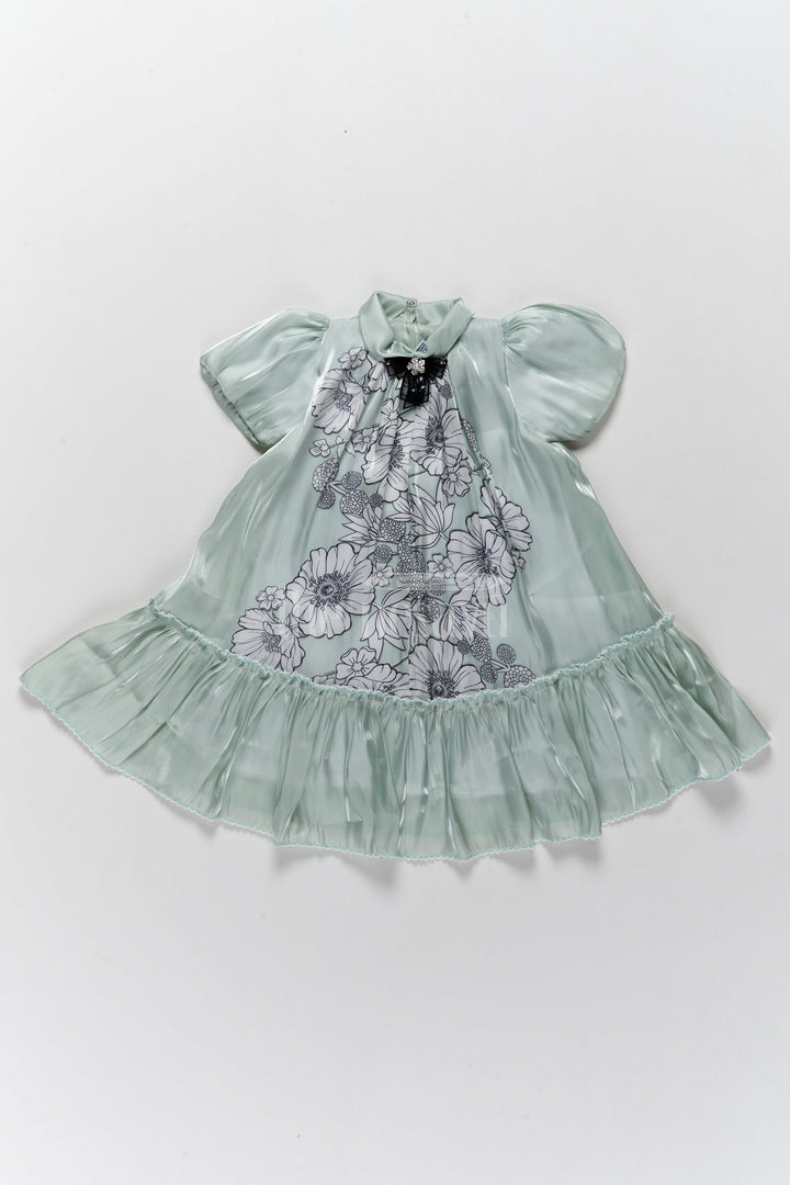 The Nesavu Girls Fancy Frock Graceful Girls Fancy Frock in Green Georgette with Floral Prints and Pleated Hem Nesavu 20 (3Y) / Green GFC1532B-20 Nesavu Green Georgette Princess Dress Floral Prints Elegant Pleats