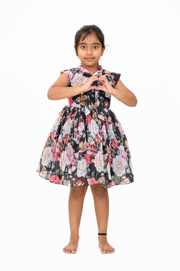 The Nesavu Girls Fancy Frock Graceful Girls Get Together Party Frock with Bold Floral Prints and Tie Neck Detail Nesavu Vibrant Floral Print Party Frock Girls Perfect Get Togethers | The Nesavu