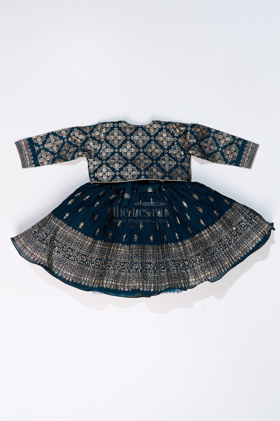 The Nesavu Silk Frock Graceful Girls Green Silk Dress with Gold Foil Prints and Traditional Embellished Yoke Nesavu Girls Green Silk Dress Gold Foil Prints Embroidered Yoke Special Occasions | The Nesavu