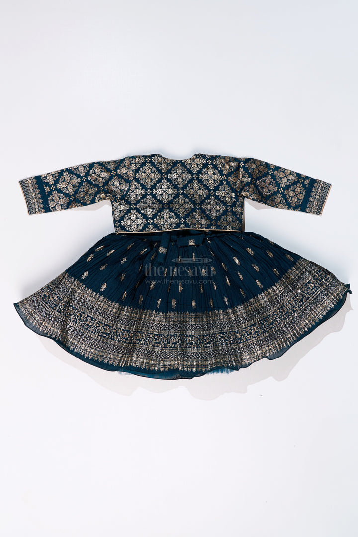 The Nesavu Silk Frock Graceful Girls Green Silk Dress with Gold Foil Prints and Traditional Embellished Yoke Nesavu Girls Green Silk Dress Gold Foil Prints Embroidered Yoke Special Occasions | The Nesavu