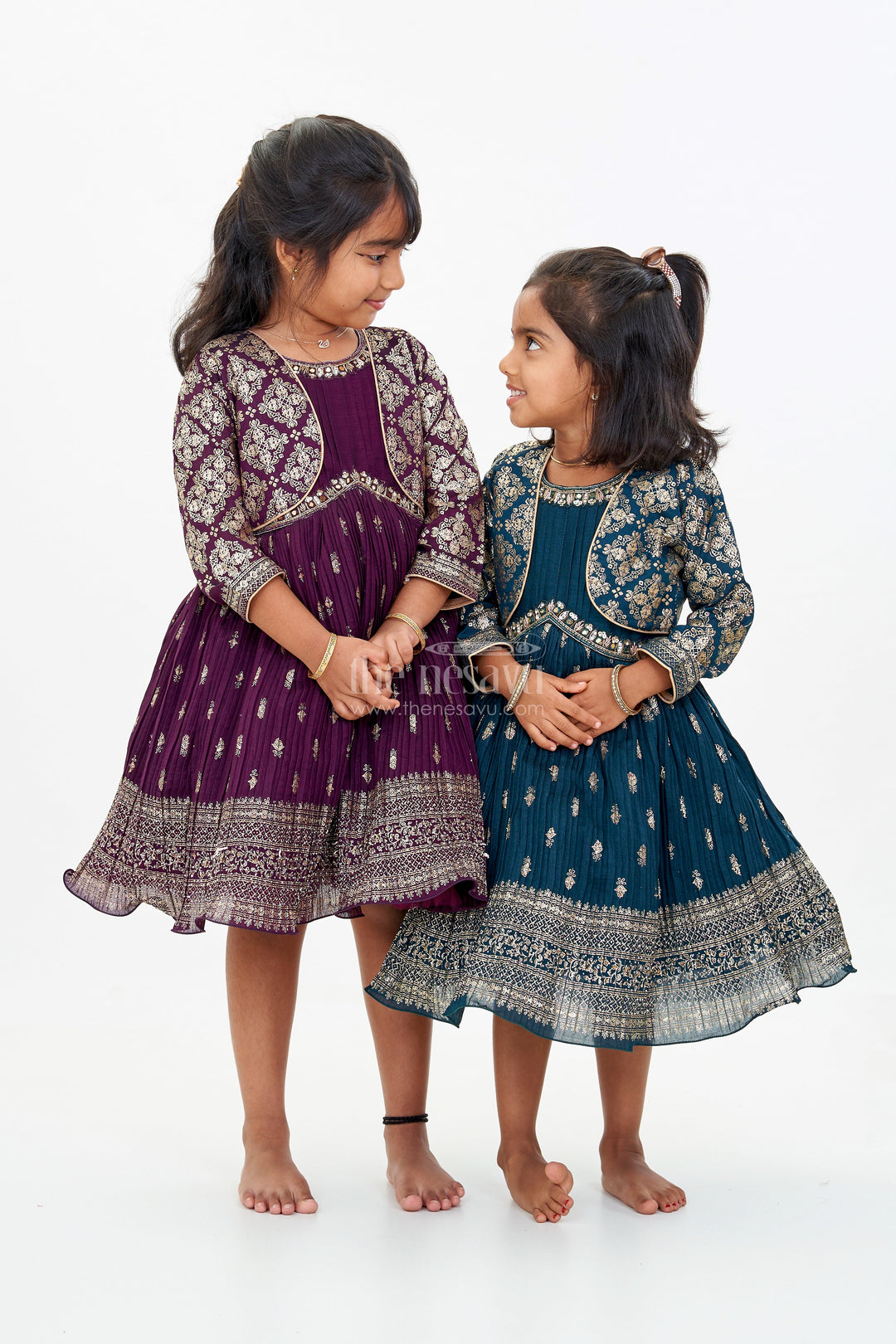 The Nesavu Silk Frock Graceful Girls Green Silk Dress with Gold Foil Prints and Traditional Embellished Yoke Nesavu Girls Green Silk Dress Gold Foil Prints Embroidered Yoke Special Occasions | The Nesavu