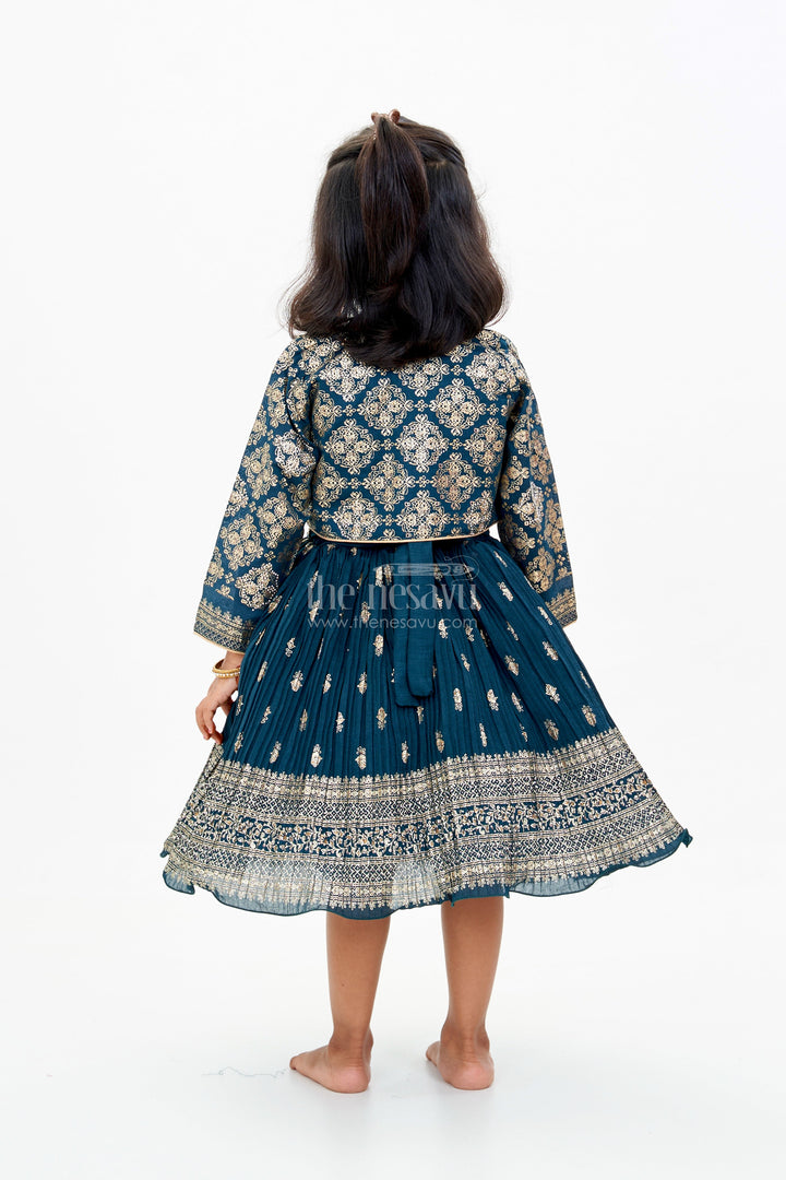 The Nesavu Silk Frock Graceful Girls Green Silk Dress with Gold Foil Prints and Traditional Embellished Yoke Nesavu Nesavu Girls Green Silk Dress Gold Foil Prints Embroidered Yoke Special Occasions