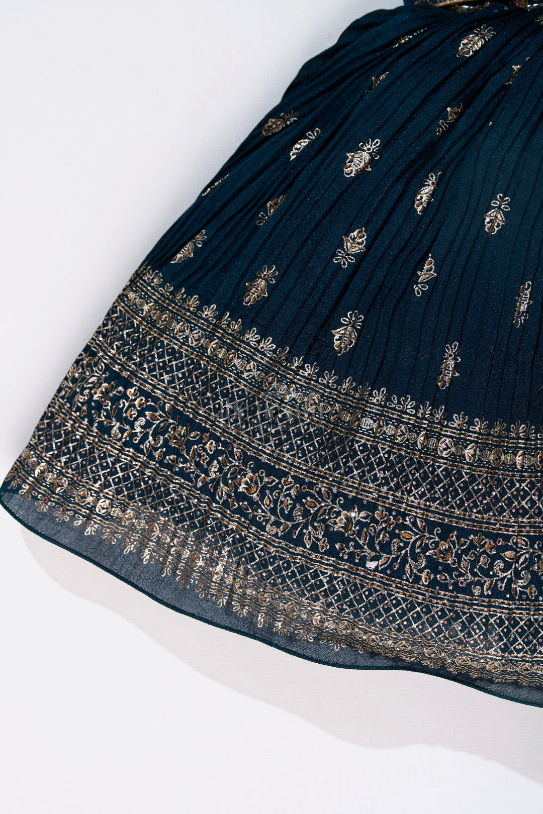 The Nesavu Silk Frock Graceful Girls Green Silk Dress with Gold Foil Prints and Traditional Embellished Yoke Nesavu Nesavu Girls Green Silk Dress Gold Foil Prints Embroidered Yoke Special Occasions