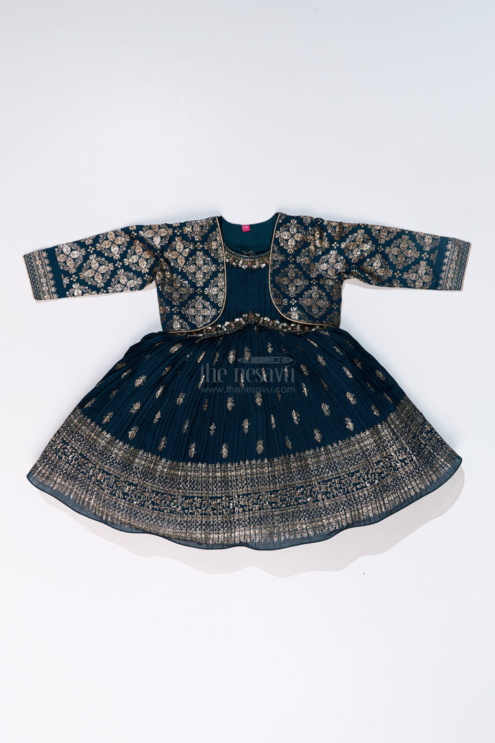 The Nesavu Silk Frock Graceful Girls Green Silk Dress with Gold Foil Prints and Traditional Embellished Yoke Nesavu Nesavu Girls Green Silk Dress Gold Foil Prints Embroidered Yoke Special Occasions