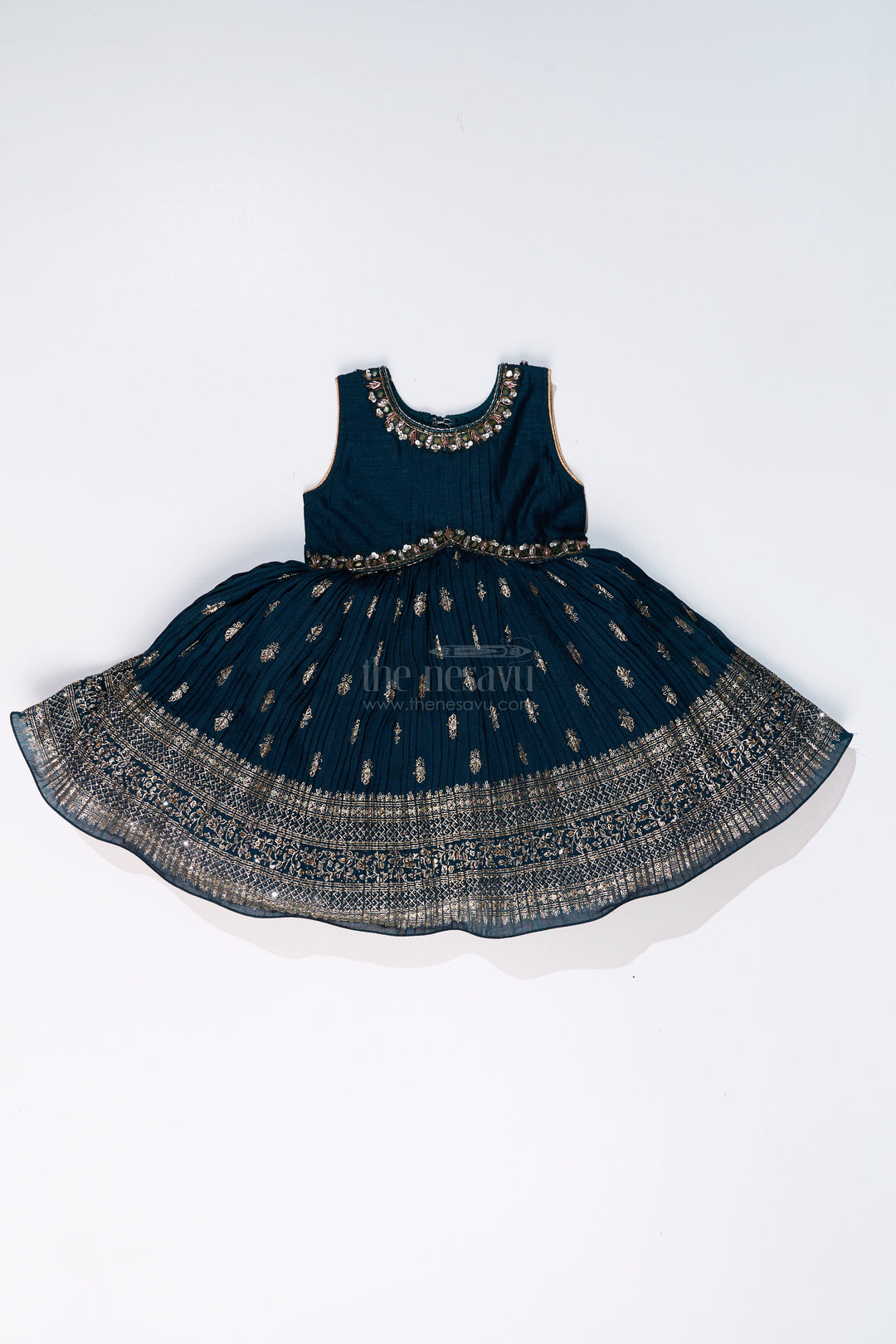 The Nesavu Silk Frock Graceful Girls Green Silk Dress with Gold Foil Prints and Traditional Embellished Yoke Nesavu Nesavu Girls Green Silk Dress Gold Foil Prints Embroidered Yoke Special Occasions