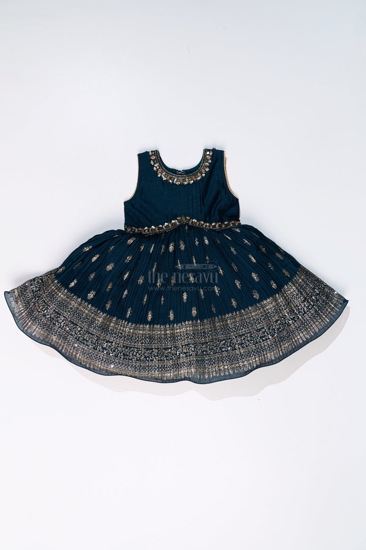 The Nesavu Silk Frock Graceful Girls Green Silk Dress with Gold Foil Prints and Traditional Embellished Yoke Nesavu Nesavu Girls Green Silk Dress Gold Foil Prints Embroidered Yoke Special Occasions