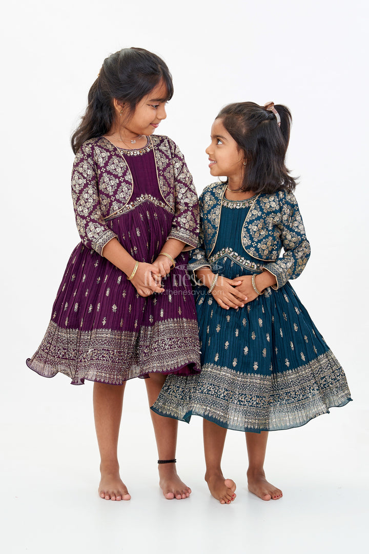 The Nesavu Silk Frock Graceful Girls Green Silk Dress with Gold Foil Prints and Traditional Embellished Yoke Nesavu Nesavu Girls Green Silk Dress Gold Foil Prints Embroidered Yoke Special Occasions
