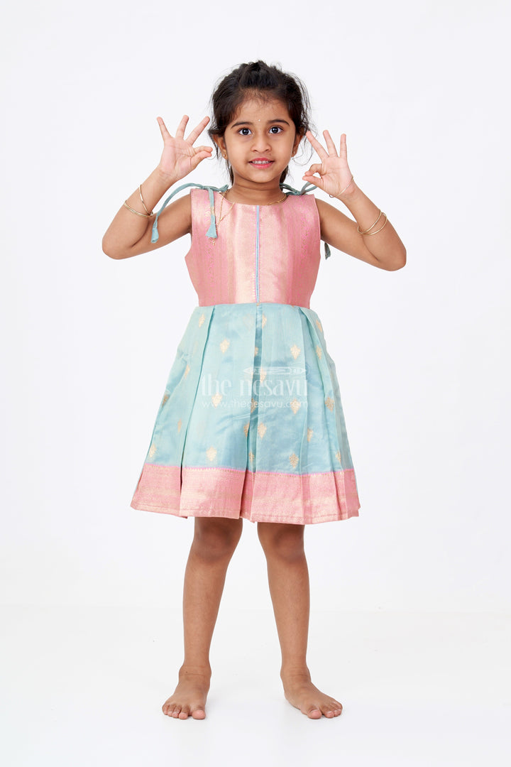 The Nesavu Silk Frock Graceful Girls Soft Silk Frock in Banarasi Jacquard with Dual-Tone Elegance Nesavu 16 (1Y) / Green SF981B-16 Girls Soft Silk Frock Banarasi Jacquard Gold Zari Tie-Up Details | The Nesavu