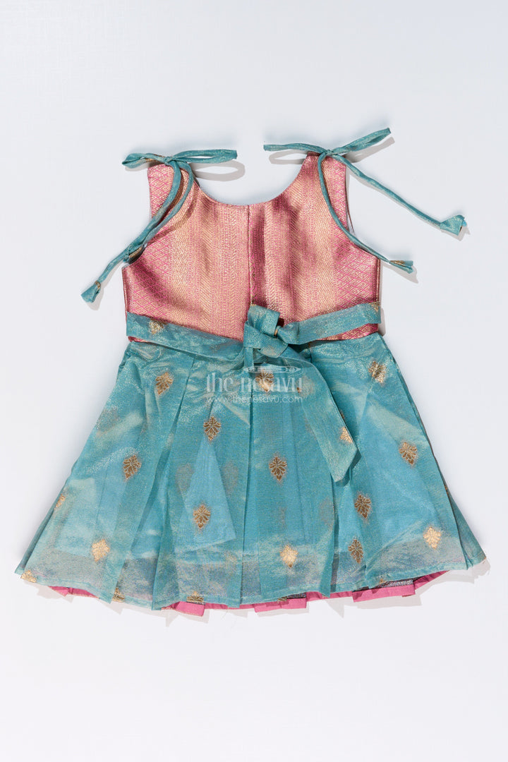 The Nesavu Silk Frock Graceful Girls Soft Silk Frock in Banarasi Jacquard with Dual-Tone Elegance Nesavu Girls Soft Silk Frock Banarasi Jacquard Gold Zari Tie-Up Details | The Nesavu