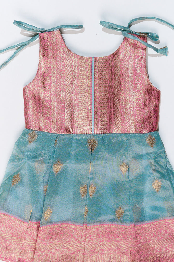 The Nesavu Silk Frock Graceful Girls Soft Silk Frock in Banarasi Jacquard with Dual-Tone Elegance Nesavu Girls Soft Silk Frock Banarasi Jacquard Gold Zari Tie-Up Details | The Nesavu