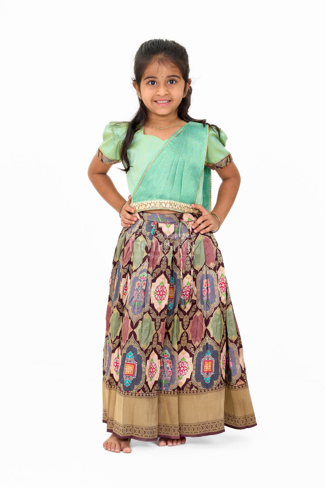 The Nesavu Girls Lehenga Choli Graceful Green and Gold Silk Lehenga Choli for Girls with Traditional Motifs Nesavu 16 (1Y) / Green GL553B-16 Nesavu Green Gold Silk Lehenga Choli Girls Traditional Motifs