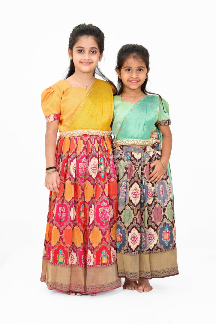 The Nesavu Girls Lehenga Choli Graceful Green and Gold Silk Lehenga Choli for Girls with Traditional Motifs Nesavu Green Gold Silk Lehenga Choli Girls Traditional Motifs | The Nesavu