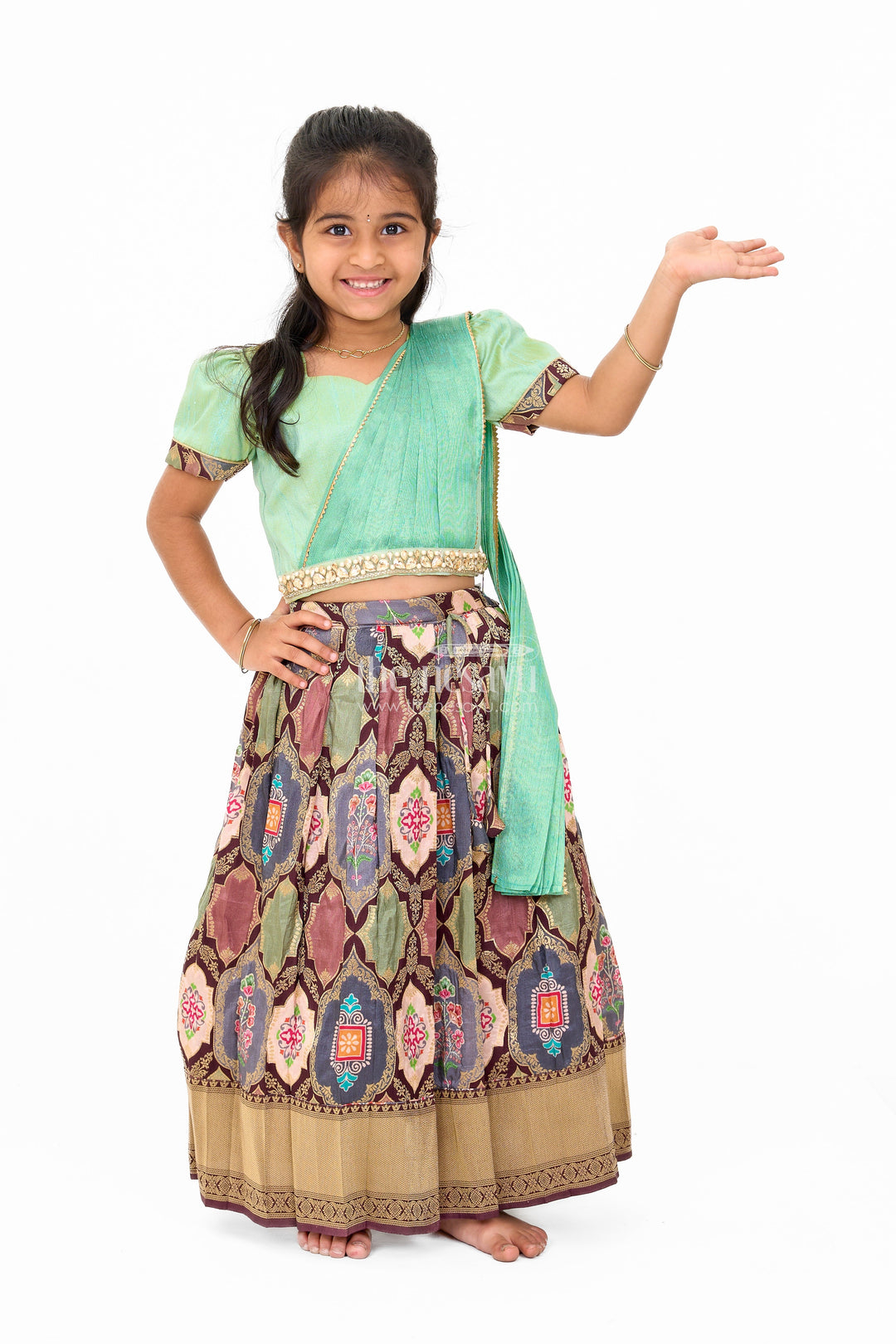 The Nesavu Girls Lehenga Choli Graceful Green and Gold Silk Lehenga Choli for Girls with Traditional Motifs Nesavu Nesavu Green Gold Silk Lehenga Choli Girls Traditional Motifs