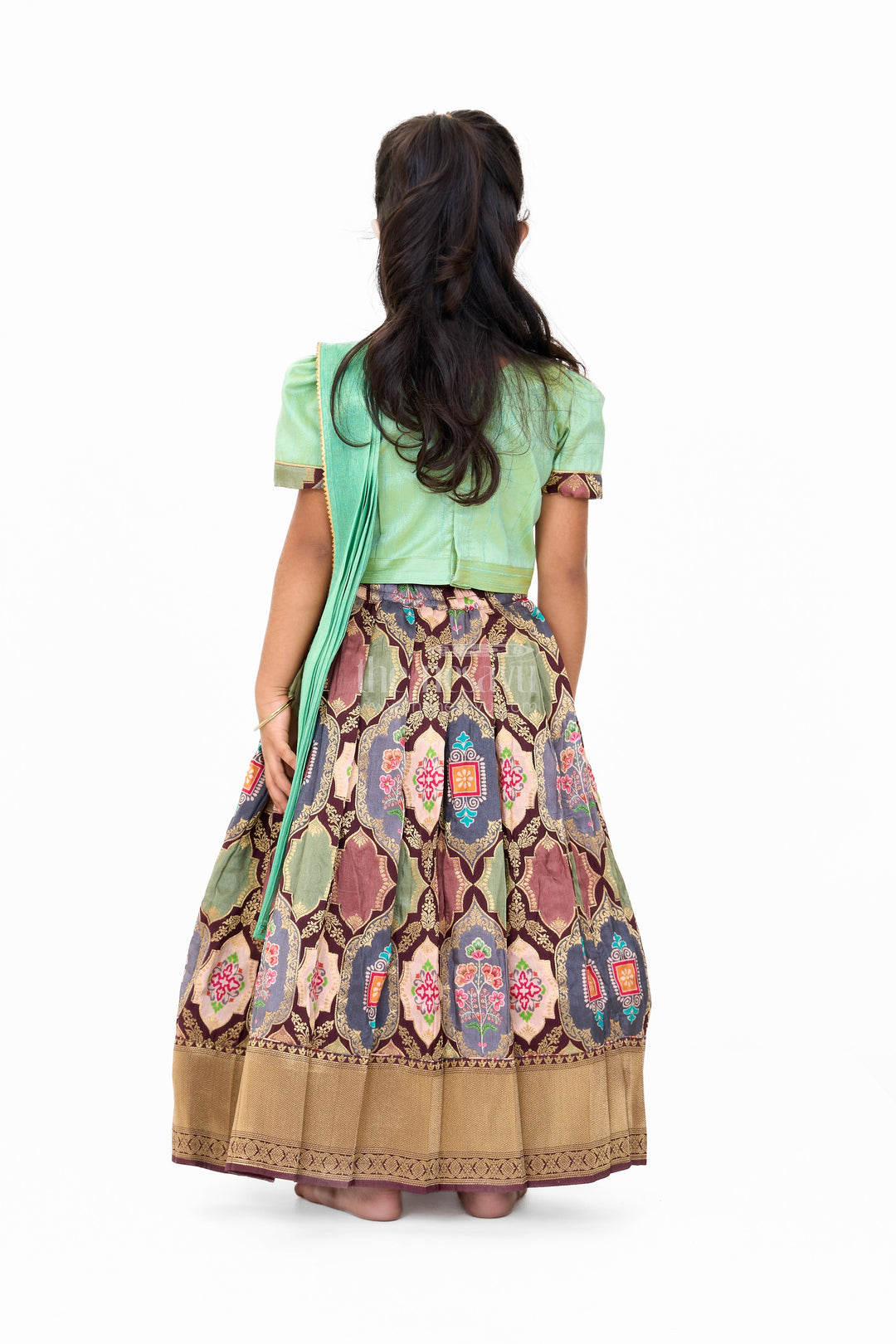The Nesavu Girls Lehenga Choli Graceful Green and Gold Silk Lehenga Choli for Girls with Traditional Motifs Nesavu Nesavu Green Gold Silk Lehenga Choli Girls Traditional Motifs