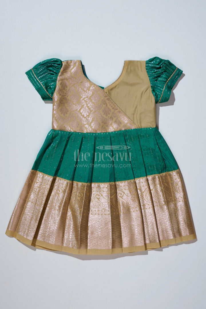 The Nesavu Girls Kanchi Silk Frock Graceful Green Silk Dress for Girls with Kanchipuram Inspired Fabric and Gold Zari Pleated Border Nesavu 14 (6M) / Green / Style 1 SF823CA-14 Green Silk Dress Girls Kanchipuram Inspired Fabric Gold Zari Pleated Border | The Nesavu