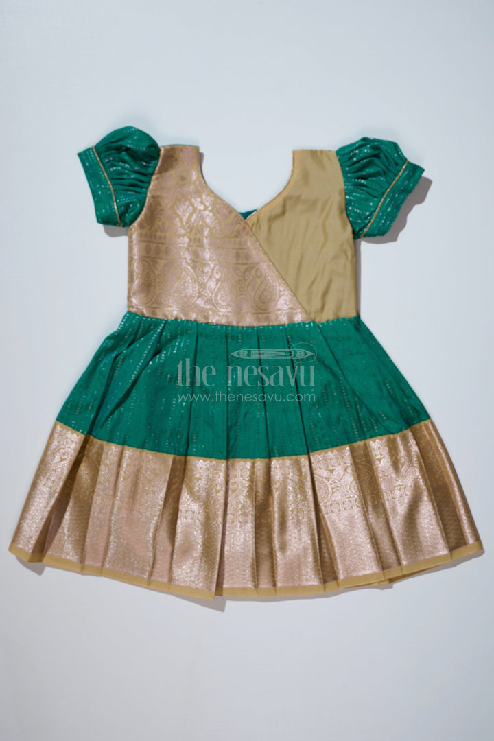 The Nesavu Girls Kanchi Silk Frock Graceful Green Silk Dress for Girls with Kanchipuram Inspired Fabric and Gold Zari Pleated Border Nesavu 18 (2Y) / Green / Style 2 SF823CB-18 Green Silk Dress Girls Kanchipuram Inspired Fabric Gold Zari Pleated Border | The Nesavu