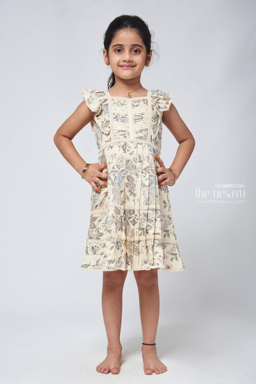 The Nesavu Girls Cotton Frock Graceful Half White Box Neck Floral Frock - Chic Girls Attire Nesavu 22 (4Y) / Half white / Cotton GFC1114A-22 Cotton Frock Suit With Low Price | Cotton Frock Simple | The Nesavu