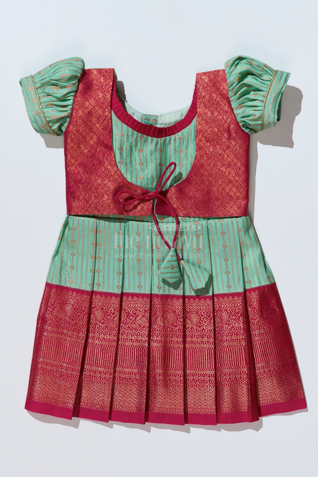 The Nesavu Girls Kanchi Silk Frock Graceful Light Green Silk Dress for Girls with Kanchipuram Inspired Design and Zari Pleated Border Nesavu 16 (1Y) / Green / Style 1 SF822BA-16 Nesavu Light Green Silk Dress Girls Kanchipuram Inspired Design Zari Pleated Border