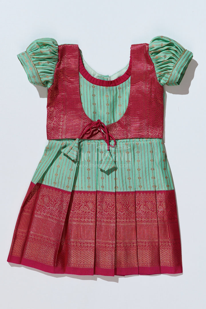 The Nesavu Girls Kanchi Silk Frock Graceful Light Green Silk Dress for Girls with Kanchipuram Inspired Design and Zari Pleated Border Nesavu Light Green Silk Dress Girls Kanchipuram Inspired Design Zari Pleated Border | The Nesavu