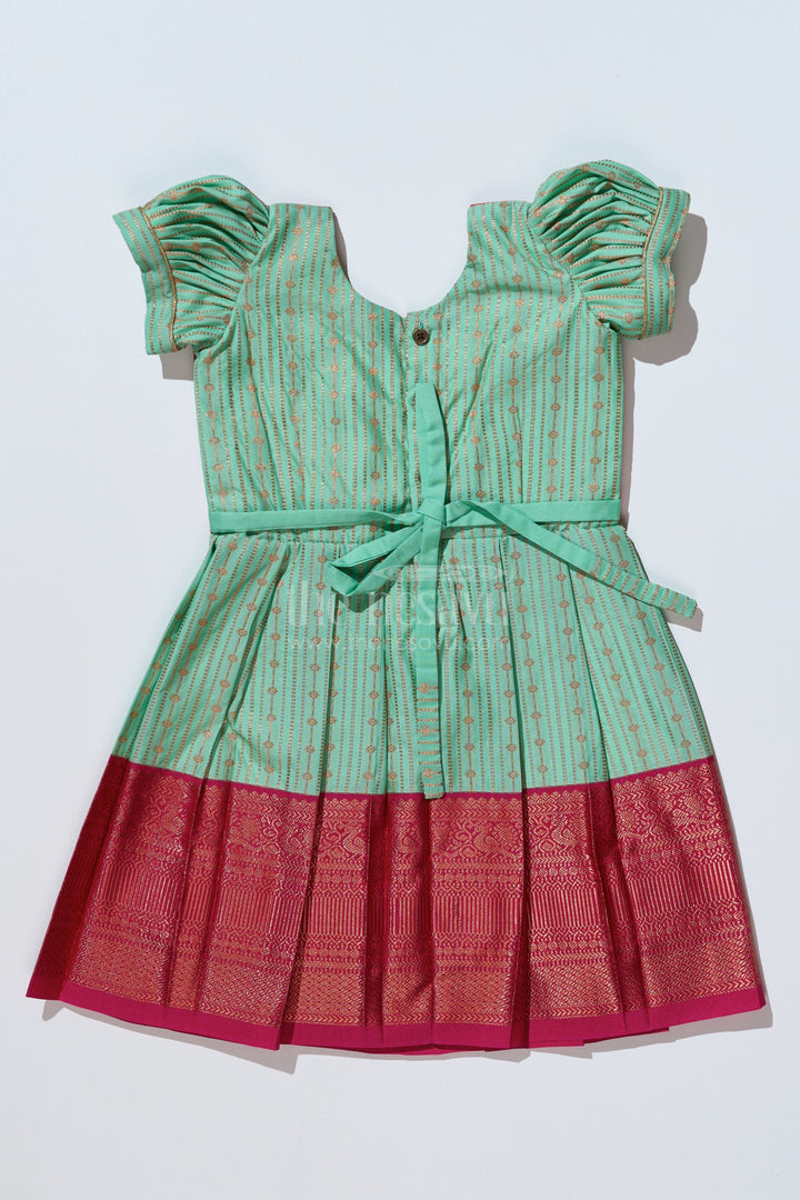 The Nesavu Girls Kanchi Silk Frock Graceful Light Green Silk Dress for Girls with Kanchipuram Inspired Design and Zari Pleated Border Nesavu Light Green Silk Dress Girls Kanchipuram Inspired Design Zari Pleated Border | The Nesavu