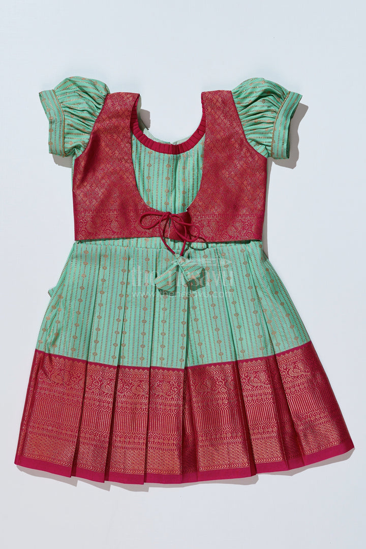 The Nesavu Girls Kanchi Silk Frock Graceful Light Green Silk Dress for Girls with Kanchipuram Inspired Design and Zari Pleated Border Nesavu Light Green Silk Dress Girls Kanchipuram Inspired Design Zari Pleated Border | The Nesavu