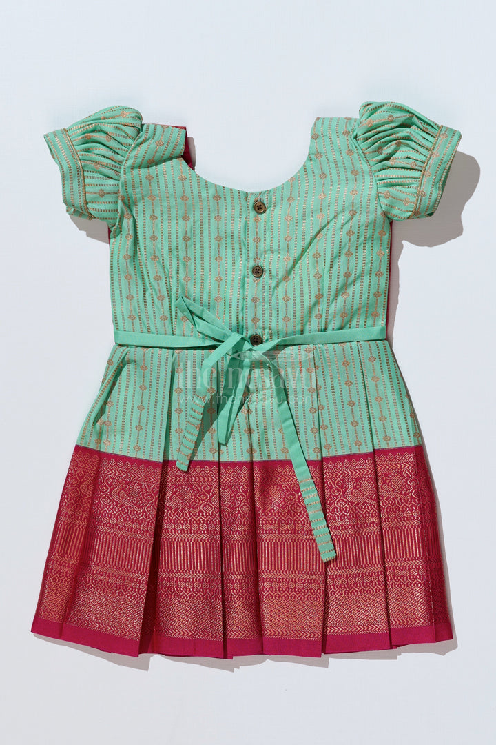 The Nesavu Girls Kanchi Silk Frock Graceful Light Green Silk Dress for Girls with Kanchipuram Inspired Design and Zari Pleated Border Nesavu Light Green Silk Dress Girls Kanchipuram Inspired Design Zari Pleated Border | The Nesavu