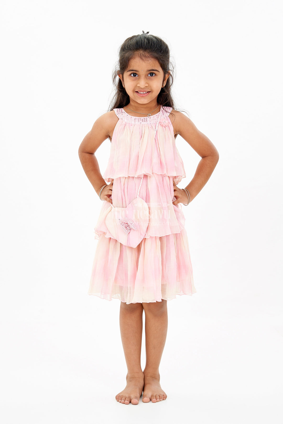The Nesavu Girls Fancy Frock Graceful Pink Long Frock for Girls with Ruffled Layers and Sequin Embellishments Nesavu 18 (2Y) / Peach GFC1640B-18 Graceful Pink Long Frock Girls Ruffled Layers Sequin Embellishments | The Nesavu