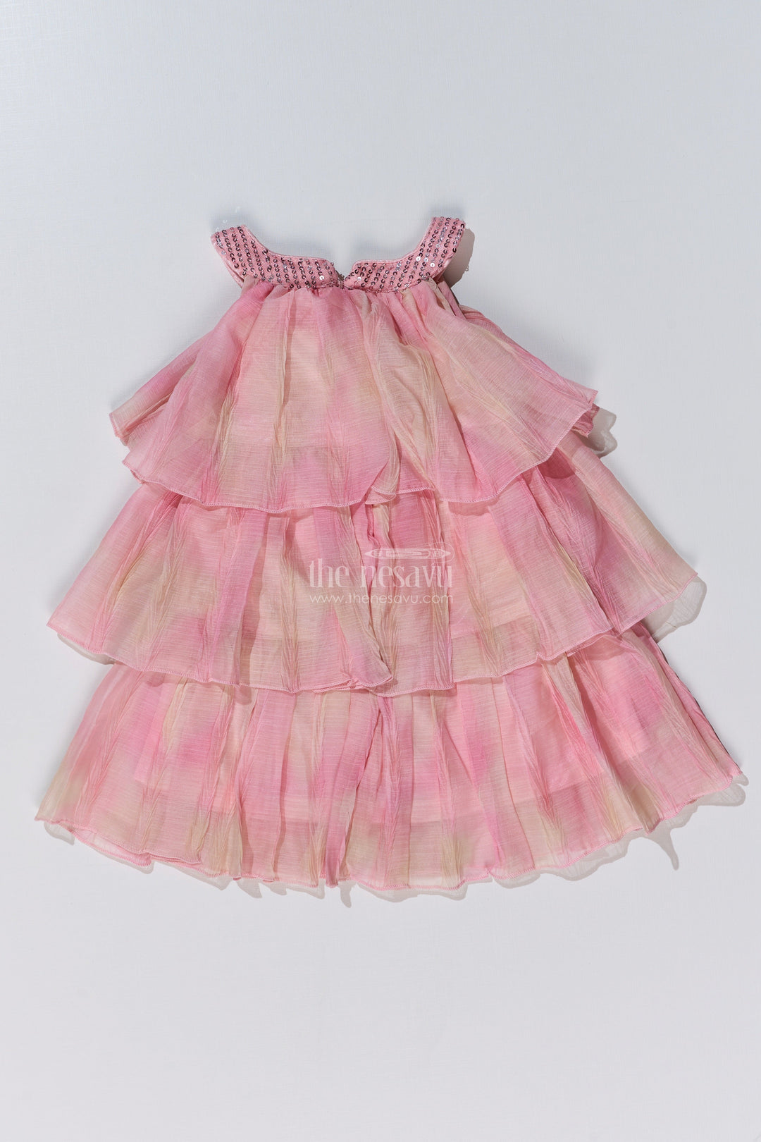 The Nesavu Girls Fancy Frock Graceful Pink Long Frock for Girls with Ruffled Layers and Sequin Embellishments Nesavu Graceful Pink Long Frock Girls Ruffled Layers Sequin Embellishments | The Nesavu