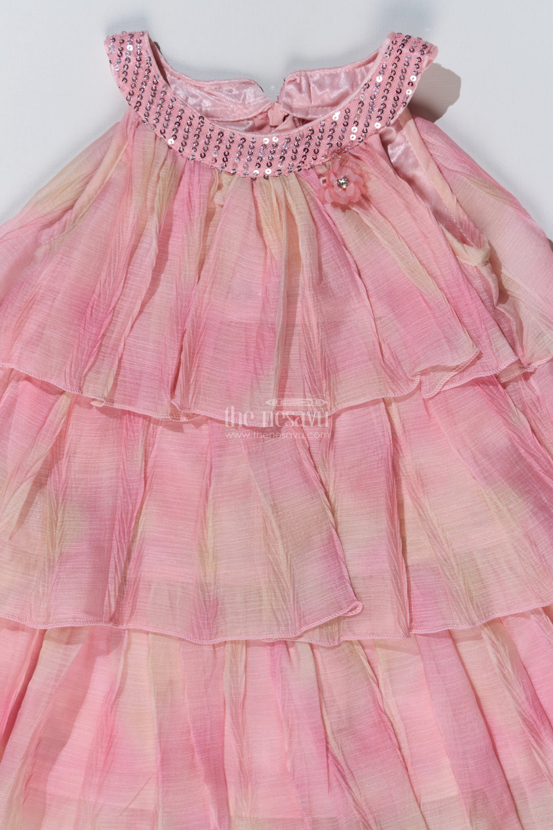 The Nesavu Girls Fancy Frock Graceful Pink Long Frock for Girls with Ruffled Layers and Sequin Embellishments Nesavu Graceful Pink Long Frock Girls Ruffled Layers Sequin Embellishments | The Nesavu